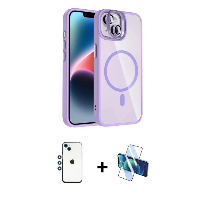 MARSİLYAN™- iPhone 14 Kılıf Yadigar Asil Koleksiyonu - Siyah 3D Antistatik Cam Ekran Koruyucu + Shine Kamera Lens - MI