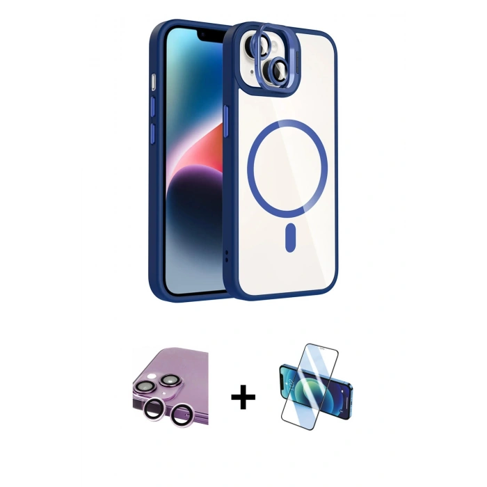 MARSİLYAN™- iPhone 14 Kılıf Yadigar Asil Koleksiyonu - Siyah 3D Antistatik Cam Ekran Koruyucu + Raze Metal Kamera Lens - MR