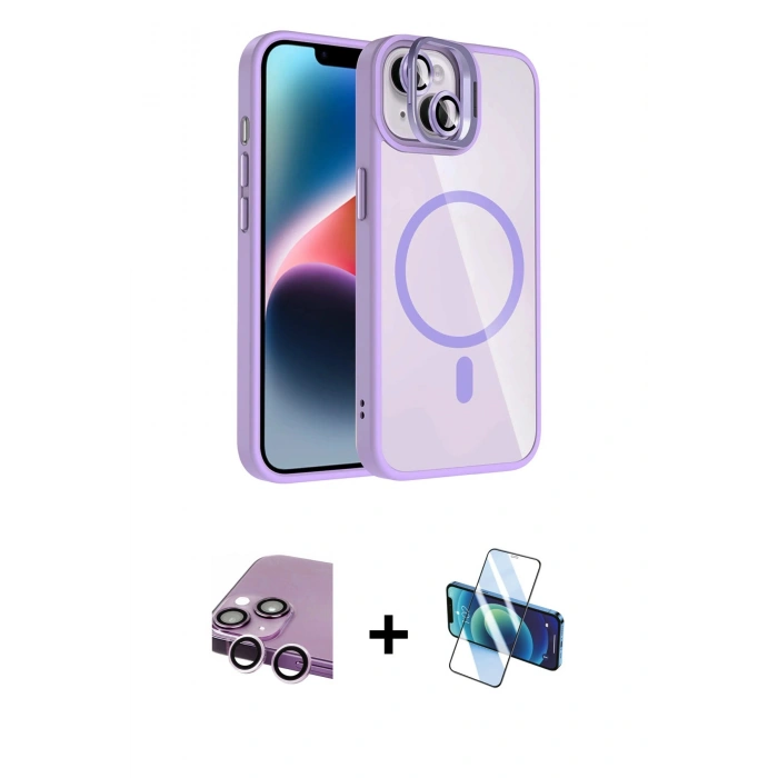 MARSİLYAN™- iPhone 14 Kılıf Yadigar Asil Koleksiyonu - Siyah 3D Antistatik Cam Ekran Koruyucu + Raze Metal Kamera Lens - MR
