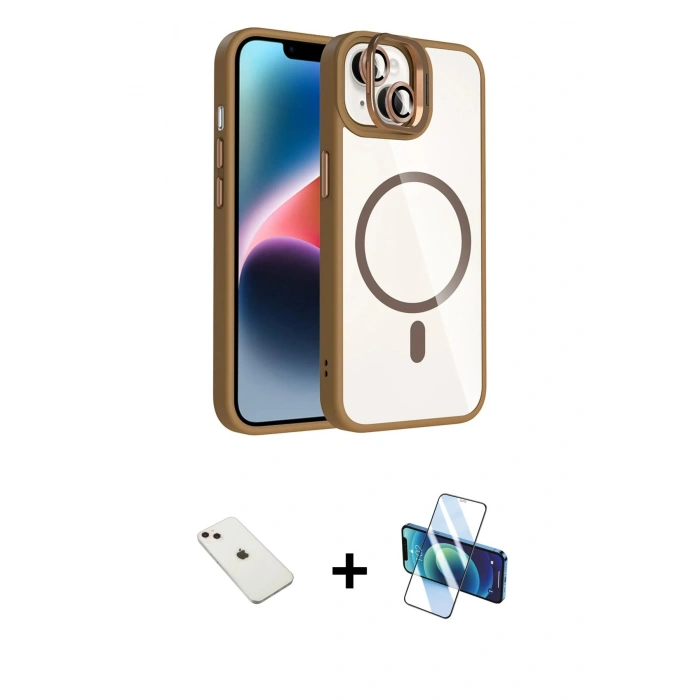 MARSİLYAN™- iPhone 14 Kılıf Yadigar Asil Koleksiyonu - Siyah 3D Antistatik Cam Ekran Koruyucu + Diamond Kamera Lens - PE