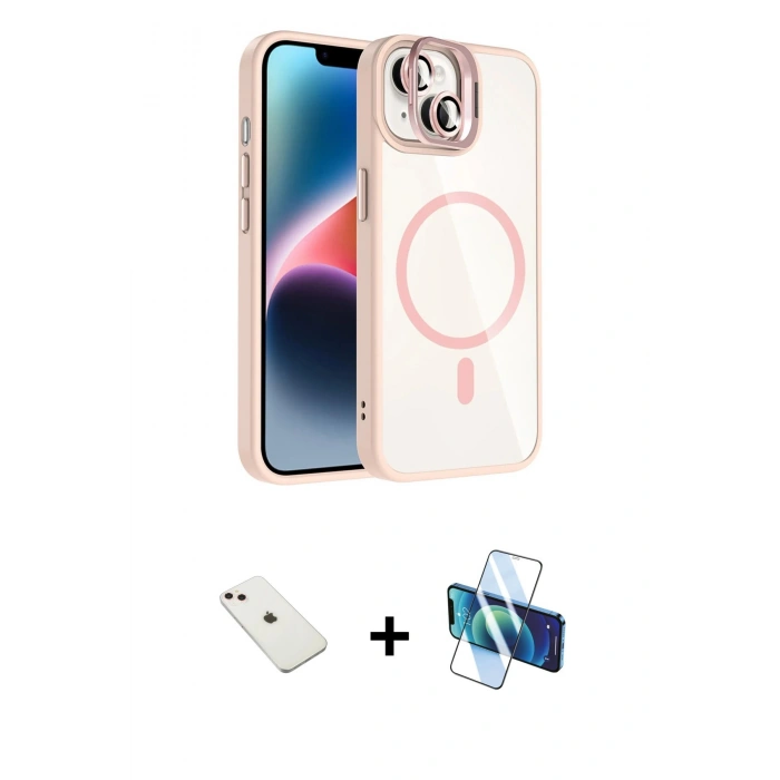 MARSİLYAN™- iPhone 14 Kılıf Yadigar Asil Koleksiyonu - Siyah 3D Antistatik Cam Ekran Koruyucu + Diamond Kamera Lens - PE