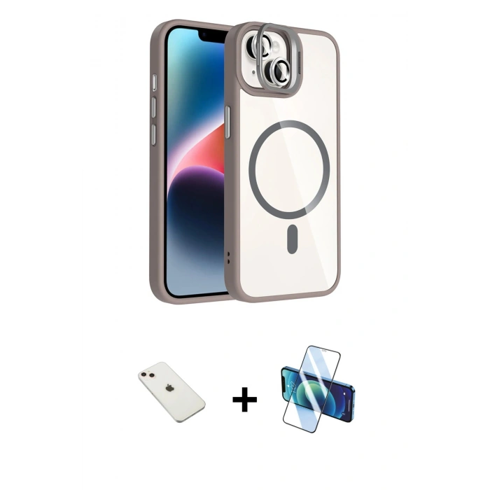 MARSİLYAN™- iPhone 14 Kılıf Yadigar Asil Koleksiyonu - Siyah 3D Antistatik Cam Ekran Koruyucu + Diamond Kamera Lens - PE