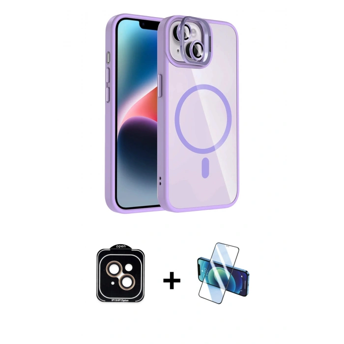 MARSİLYAN™- iPhone 14 Kılıf Yadigar Asil Koleksiyonu - Siyah 3D Antistatik Cam Ekran Koruyucu + PVD Metal Kamera Lens - TU