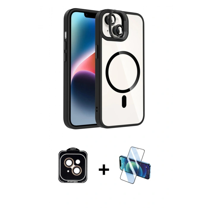 MARSİLYAN™- iPhone 14 Kılıf Yadigar Asil Koleksiyonu - Siyah 3D Antistatik Cam Ekran Koruyucu + PVD Metal Kamera Lens - TU