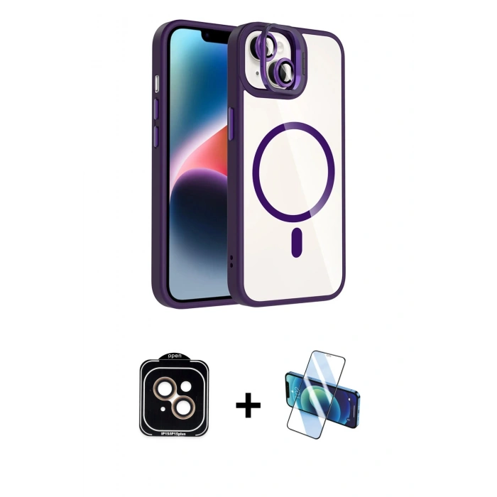 MARSİLYAN™- iPhone 14 Kılıf Yadigar Asil Koleksiyonu - Siyah 3D Antistatik Cam Ekran Koruyucu + PVD Metal Kamera Lens - TU