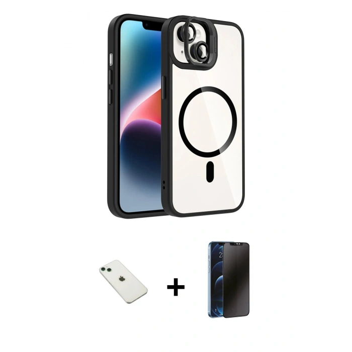 MARSİLYAN™- iPhone 14 Kılıf Yadigar Asil Koleksiyonu - Siyah 3D Antistatik Hayalet Cam Ekran Koruyucu + Diamond Kamera Lens - YL