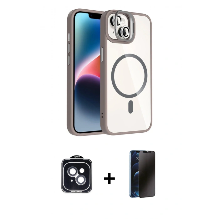 MARSİLYAN™- iPhone 14 Kılıf Yadigar Asil Koleksiyonu - Siyah 3D Antistatik Hayalet Cam Ekran Koruyucu + PVD Metal Kamera Lens - SH