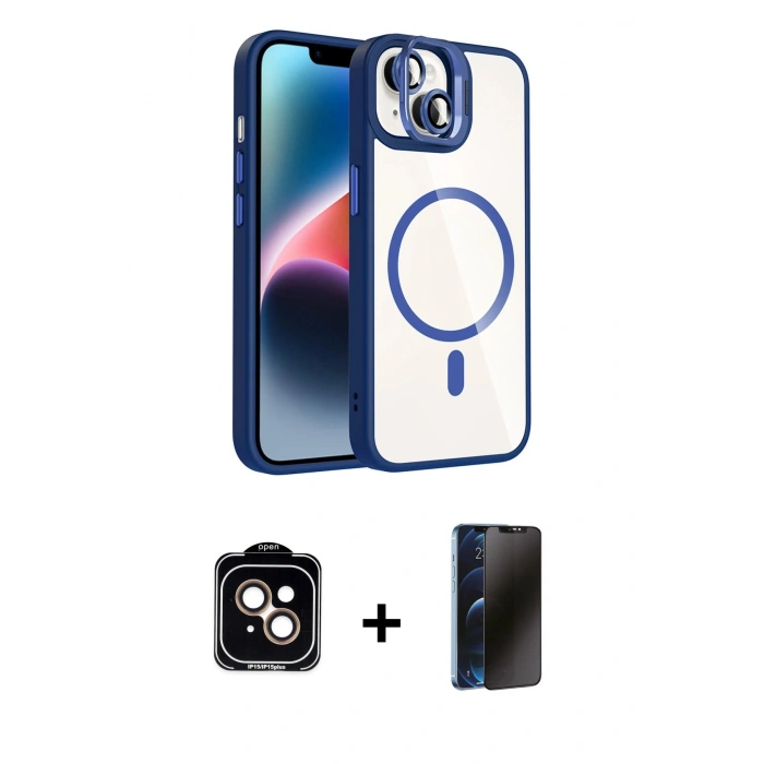 MARSİLYAN™- iPhone 14 Kılıf Yadigar Asil Koleksiyonu - Siyah 3D Antistatik Hayalet Cam Ekran Koruyucu + PVD Metal Kamera Lens - TU