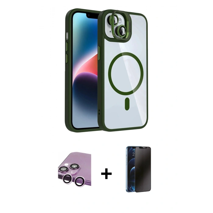 MARSİLYAN™- iPhone 14 Kılıf Yadigar Asil Koleksiyonu - Siyah 3D Antistatik Hayalet Cam Ekran Koruyucu + Raze Metal Kamera Lens - MR