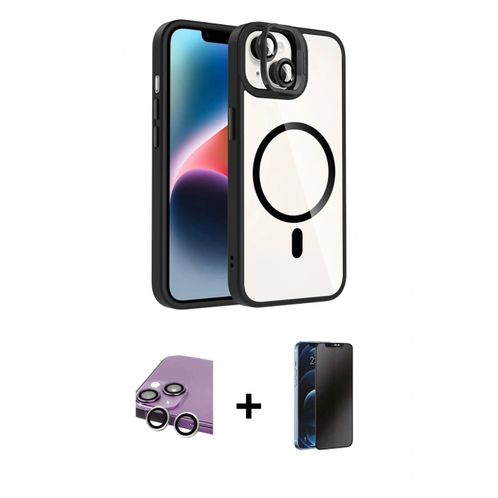 MARSİLYAN™- iPhone 14 Kılıf Yadigar Asil Koleksiyonu - Siyah 3D Antistatik Hayalet Cam Ekran Koruyucu + Raze Metal Kamera Lens - GS