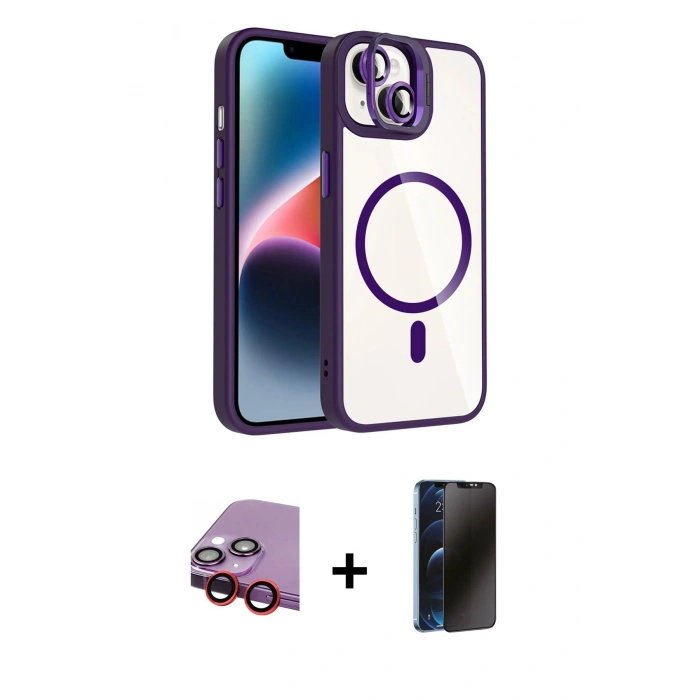 MARSİLYAN™- iPhone 14 Kılıf Yadigar Asil Koleksiyonu - Siyah 3D Antistatik Hayalet Cam Ekran Koruyucu + Raze Metal Kamera Lens - KI