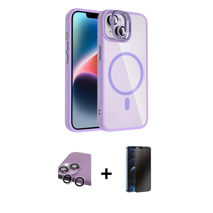 MARSİLYAN™- iPhone 14 Kılıf Yadigar Asil Koleksiyonu - Siyah 3D Antistatik Hayalet Cam Ekran Koruyucu + Raze Metal Kamera Lens - GS