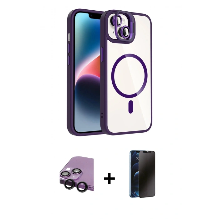 MARSİLYAN™- iPhone 14 Kılıf Yadigar Asil Koleksiyonu - Siyah 3D Antistatik Hayalet Cam Ekran Koruyucu + Raze Metal Kamera Lens - SH