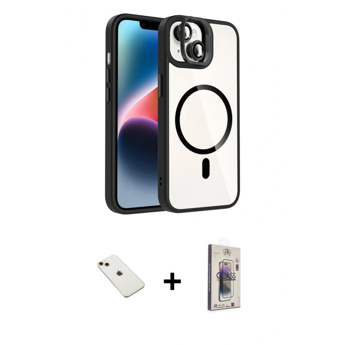 MARSİLYAN™- iPhone 14 Kılıf Yadigar Asil Koleksiyonu - Siyah Bilvis 3D Cam Ekran Koruyucu + Diamond Kamera Lens - KI