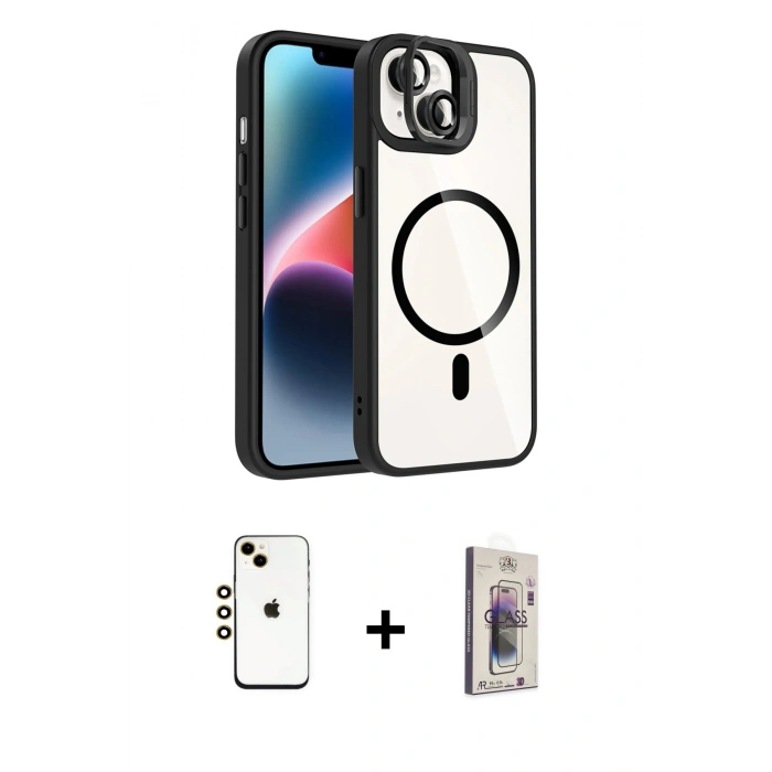 MARSİLYAN™- iPhone 14 Kılıf Yadigar Asil Koleksiyonu - Siyah Bilvis 3D Cam Ekran Koruyucu + Shine Kamera Lens - GD