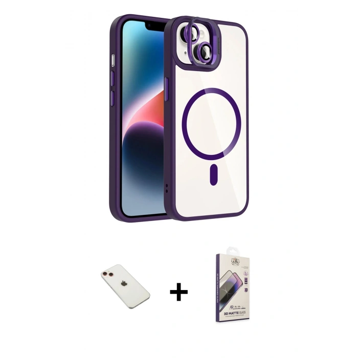 MARSİLYAN™- iPhone 14 Kılıf Yadigar Asil Koleksiyonu - Siyah Bilvis 3D Mat Cam Ekran Koruyucu + Diamond Kamera Lens - KI