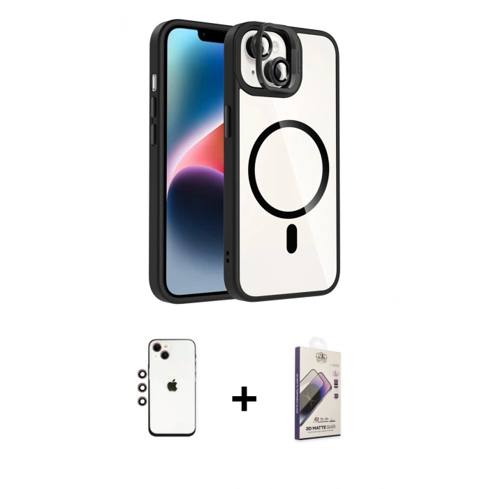 MARSİLYAN™- iPhone 14 Kılıf Yadigar Asil Koleksiyonu - Siyah Bilvis 3D Mat Cam Ekran Koruyucu + Shine Kamera Lens - GI