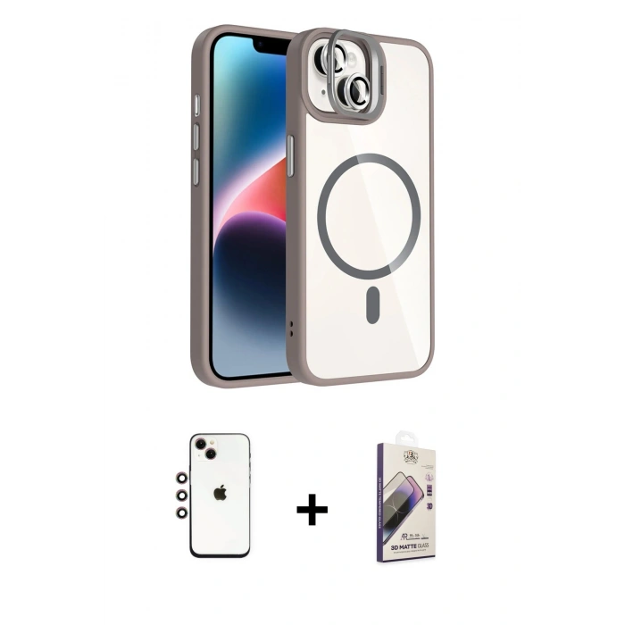 MARSİLYAN™- iPhone 14 Kılıf Yadigar Asil Koleksiyonu - Siyah Bilvis 3D Mat Cam Ekran Koruyucu + Shine Kamera Lens - GI