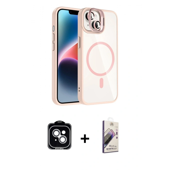 MARSİLYAN™- iPhone 14 Kılıf Yadigar Asil Koleksiyonu - Siyah Bilvis 3D Mat Cam Ekran Koruyucu + PVD Metal Kamera Lens - GS