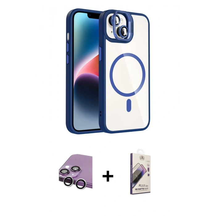 MARSİLYAN™- iPhone 14 Kılıf Yadigar Asil Koleksiyonu - Siyah Bilvis 3D Mat Cam Ekran Koruyucu + Raze Metal Kamera Lens - GS