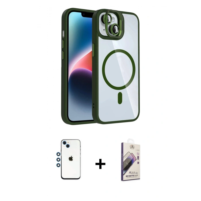 MARSİLYAN™- iPhone 14 Kılıf Yadigar Asil Koleksiyonu - Siyah Bilvis 3D Mat Cam Ekran Koruyucu + Shine Kamera Lens - MI