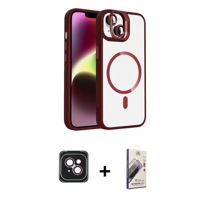 MARSİLYAN™- iPhone 14 Kılıf Yadigar Asil Koleksiyonu - Siyah Bilvis 3D Mat Cam Ekran Koruyucu + PVD Metal Kamera Lens - PE