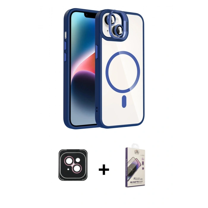 MARSİLYAN™- iPhone 14 Kılıf Yadigar Asil Koleksiyonu - Siyah Bilvis 3D Mat Cam Ekran Koruyucu + PVD Metal Kamera Lens - PE