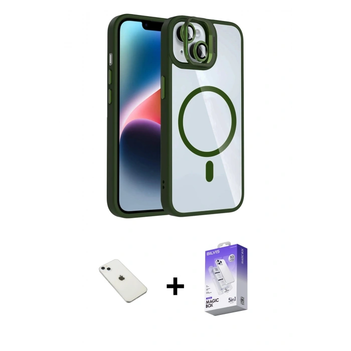 MARSİLYAN™- iPhone 14 Kılıf Yadigar Asil Koleksiyonu - Siyah Bilvis 5in1 3D Magic Cam Ekran Koruyucu + Diamond Kamera Lens - SABE