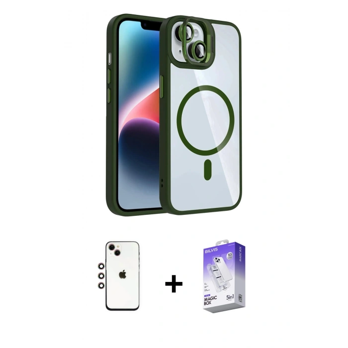 MARSİLYAN™- iPhone 14 Kılıf Yadigar Asil Koleksiyonu - Siyah Bilvis 5in1 3D Magic Cam Ekran Koruyucu + Shine Kamera Lens - GI