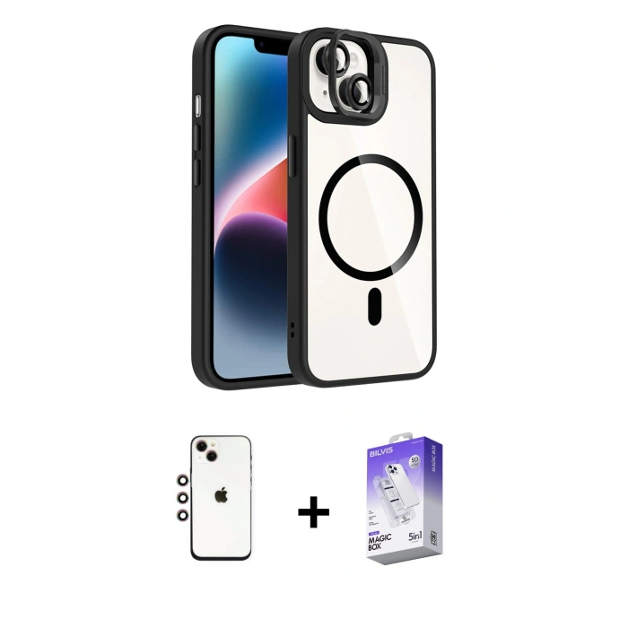 MARSİLYAN™- iPhone 14 Kılıf Yadigar Asil Koleksiyonu - Siyah Bilvis 5in1 3D Magic Cam Ekran Koruyucu + Shine Kamera Lens - GI