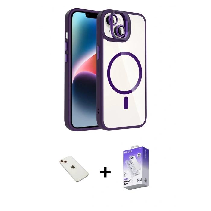MARSİLYAN™- iPhone 14 Kılıf Yadigar Asil Koleksiyonu - Siyah Bilvis 5in1 3D Magic Cam Ekran Koruyucu + Diamond Kamera Lens - KI