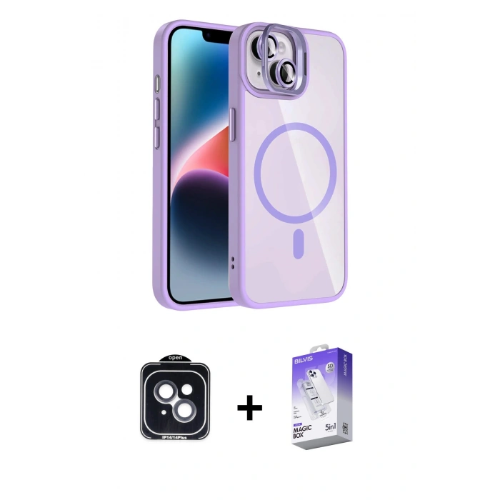 MARSİLYAN™- iPhone 14 Kılıf Yadigar Asil Koleksiyonu - Siyah Bilvis 5in1 3D Magic Cam Ekran Koruyucu + PVD Metal Kamera Lens - SH