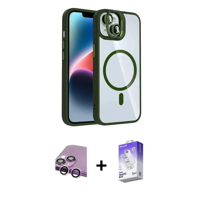 MARSİLYAN™- iPhone 14 Kılıf Yadigar Asil Koleksiyonu - Siyah Bilvis 5in1 3D Magic Cam Ekran Koruyucu + Raze Metal Kamera Lens - MR