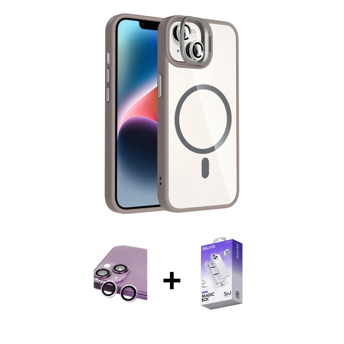 MARSİLYAN™- iPhone 14 Kılıf Yadigar Asil Koleksiyonu - Siyah Bilvis 5in1 3D Magic Cam Ekran Koruyucu + Raze Metal Kamera Lens - MR