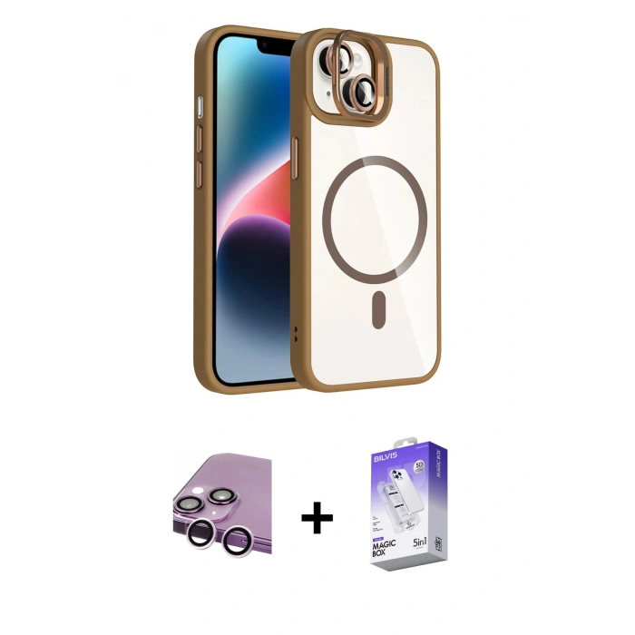 MARSİLYAN™- iPhone 14 Kılıf Yadigar Asil Koleksiyonu - Siyah Bilvis 5in1 3D Magic Cam Ekran Koruyucu + Raze Metal Kamera Lens - MR
