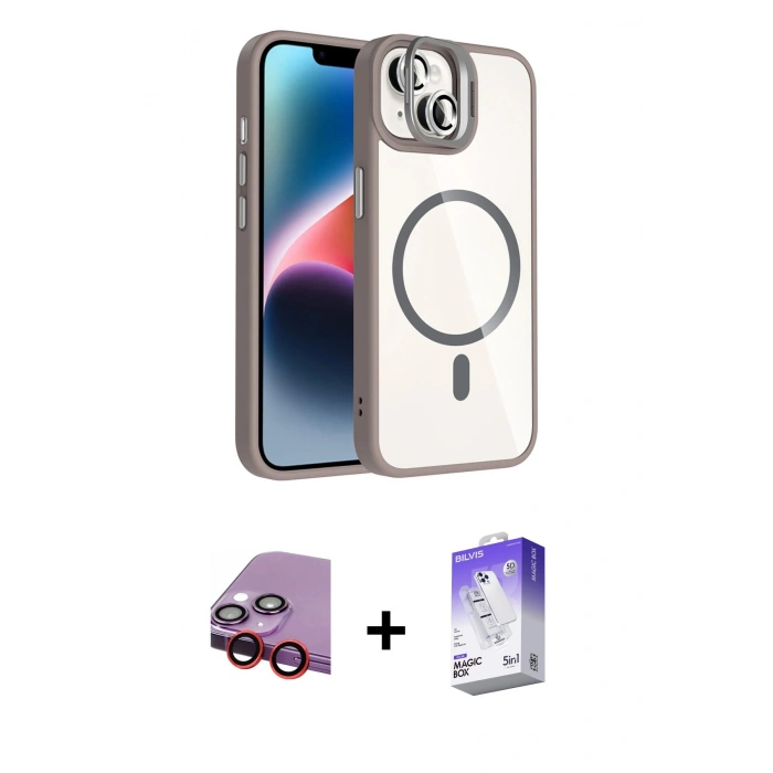 MARSİLYAN™- iPhone 14 Kılıf Yadigar Asil Koleksiyonu - Siyah Bilvis 5in1 3D Magic Cam Ekran Koruyucu + Raze Metal Kamera Lens - KI