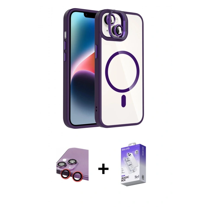 MARSİLYAN™- iPhone 14 Kılıf Yadigar Asil Koleksiyonu - Siyah Bilvis 5in1 3D Magic Cam Ekran Koruyucu + Raze Metal Kamera Lens - KI
