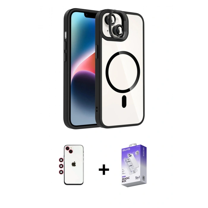 MARSİLYAN™- iPhone 14 Kılıf Yadigar Asil Koleksiyonu - Siyah Bilvis 5in1 3D Magic Cam Ekran Koruyucu + Shine Kamera Lens - KI