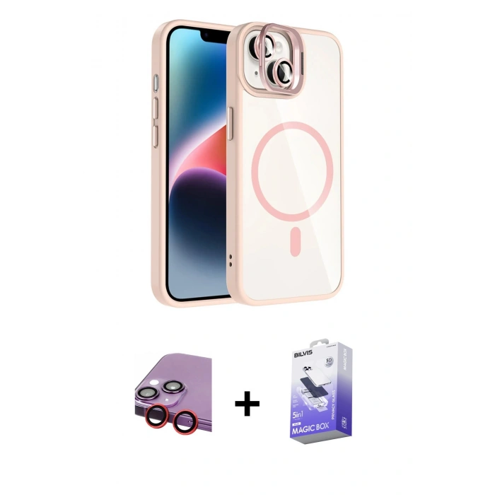 MARSİLYAN™- iPhone 14 Kılıf Yadigar Asil Koleksiyonu - Siyah Bilvis 5in1 5D Magic Hayalet Cam Ekran Koruyucu + Raze Metal Kamera Lens - KI