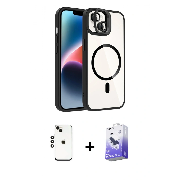 MARSİLYAN™- iPhone 14 Kılıf Yadigar Asil Koleksiyonu - Siyah Bilvis 5in1 5D Magic Hayalet Cam Ekran Koruyucu + Shine Kamera Lens - SH