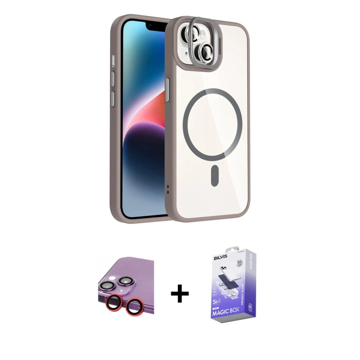 MARSİLYAN™- iPhone 14 Kılıf Yadigar Asil Koleksiyonu - Siyah Bilvis 5in1 5D Magic Hayalet Cam Ekran Koruyucu + Raze Metal Kamera Lens - KI
