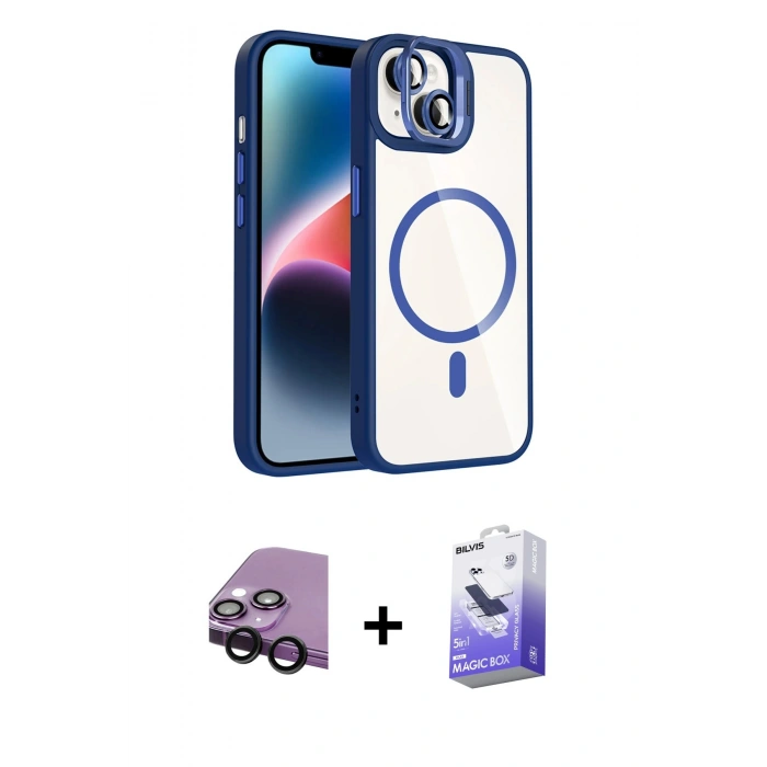 MARSİLYAN™- iPhone 14 Kılıf Yadigar Asil Koleksiyonu - Siyah Bilvis 5in1 5D Magic Hayalet Cam Ekran Koruyucu + Raze Metal Kamera Lens - SH