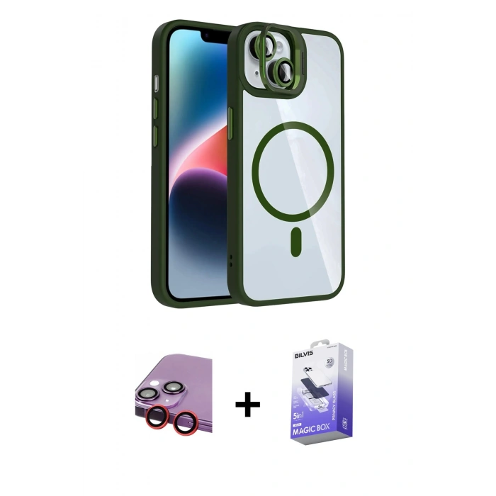 MARSİLYAN™- iPhone 14 Kılıf Yadigar Asil Koleksiyonu - Siyah Bilvis 5in1 5D Magic Hayalet Cam Ekran Koruyucu + Raze Metal Kamera Lens - KI
