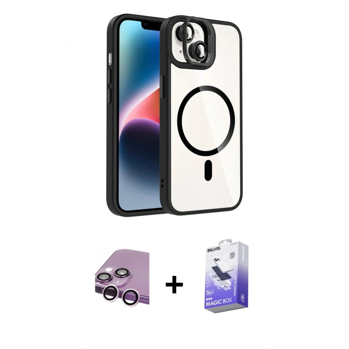 MARSİLYAN™- iPhone 14 Kılıf Yadigar Asil Koleksiyonu - Siyah Bilvis 5in1 5D Magic Hayalet Cam Ekran Koruyucu + Raze Metal Kamera Lens - MR