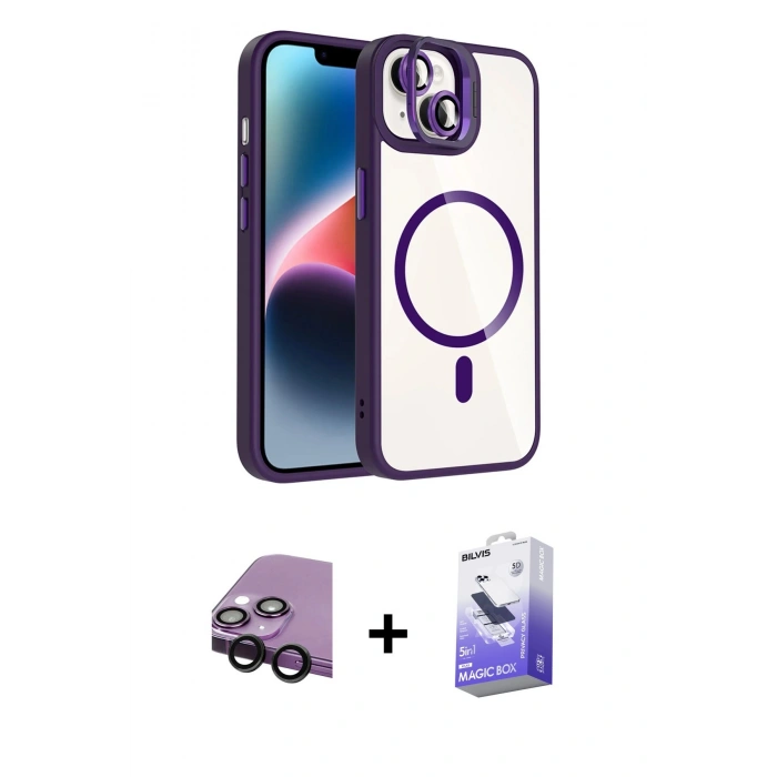 MARSİLYAN™- iPhone 14 Kılıf Yadigar Asil Koleksiyonu - Siyah Bilvis 5in1 5D Magic Hayalet Cam Ekran Koruyucu + Raze Metal Kamera Lens - SH