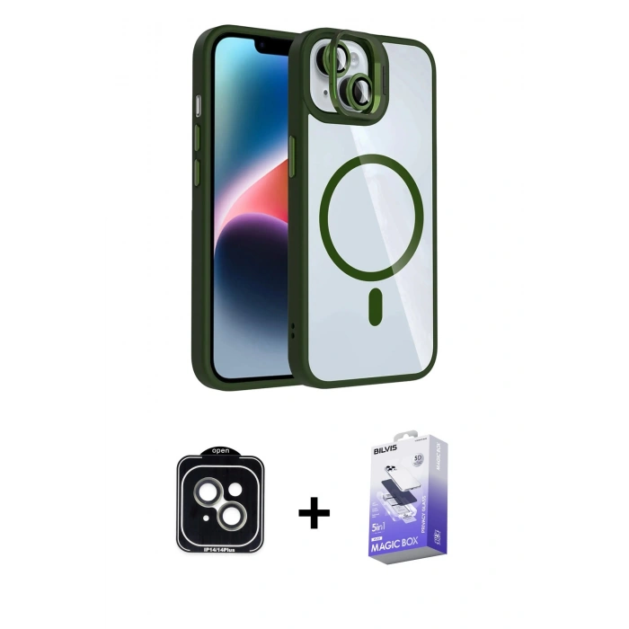 MARSİLYAN™- iPhone 14 Kılıf Yadigar Asil Koleksiyonu - Siyah Bilvis 5in1 5D Magic Hayalet Cam Ekran Koruyucu + PVD Metal Kamera Lens - YL