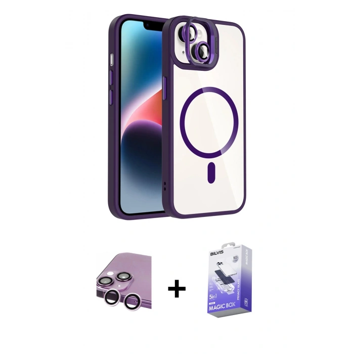 MARSİLYAN™- iPhone 14 Kılıf Yadigar Asil Koleksiyonu - Siyah Bilvis 5in1 5D Magic Hayalet Cam Ekran Koruyucu + Raze Metal Kamera Lens - MR