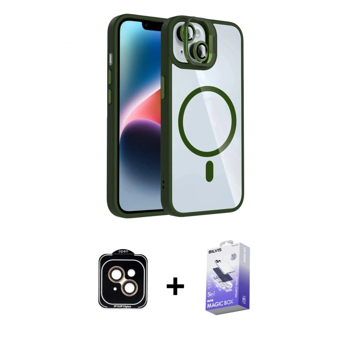 MARSİLYAN™- iPhone 14 Kılıf Yadigar Asil Koleksiyonu - Siyah Bilvis 5in1 5D Magic Hayalet Cam Ekran Koruyucu + PVD Metal Kamera Lens - TU