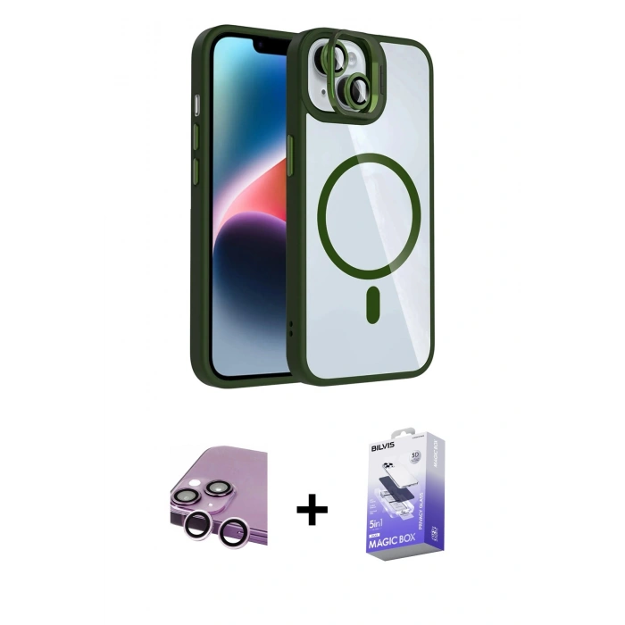 MARSİLYAN™- iPhone 14 Kılıf Yadigar Asil Koleksiyonu - Siyah Bilvis 5in1 5D Magic Hayalet Cam Ekran Koruyucu + Raze Metal Kamera Lens - MR