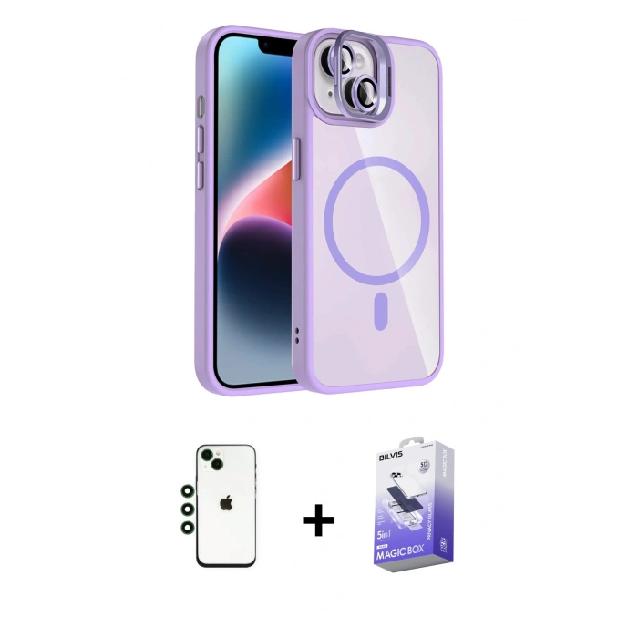 MARSİLYAN™- iPhone 14 Kılıf Yadigar Asil Koleksiyonu - Siyah Bilvis 5in1 5D Magic Hayalet Cam Ekran Koruyucu + Shine Kamera Lens - YL